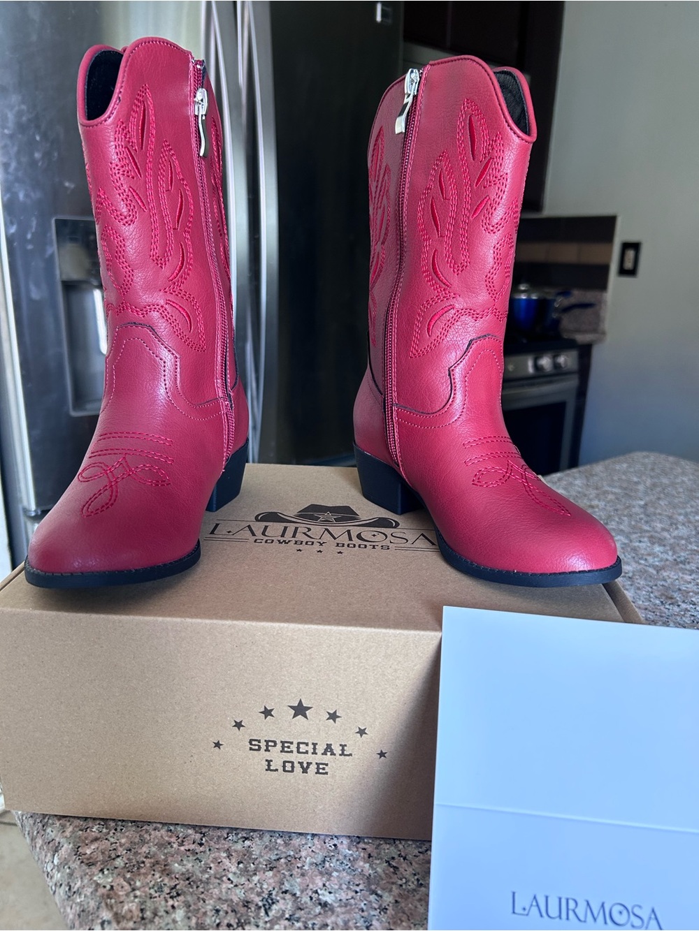 LAURMOSA Embroidered Heeled Boots in Red
